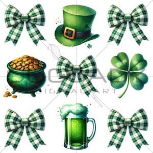 St. Patrick&#39;s Day Clipart - Green Plaid Bows & Irish Symbols | Digital Download PNG
