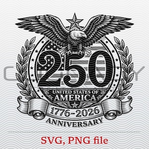 以下が含まれることがあります： アメリカ合衆国250周年を祝う白黒イラスト。アメリカ国旗、数字の250、1776年から2026年までの年号を組み込んだデザインの上に、翼を広げたハクトウワシが描かれています。