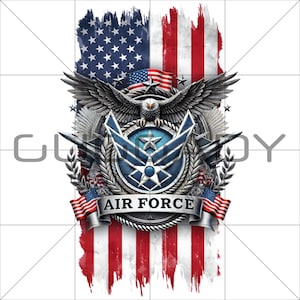 May include: A patriotic design featuring the American flag with a distressed effect. The image includes an eagle, the Air Force emblem, and the words "AIR FORCE" on a banner. The color palette is red, white, blue, and silver.