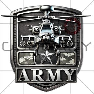 May include: A silver Army emblem with a helicopter design. The shield-shaped emblem has the word "ARMY" at the base. A star is centered below the helicopter, and camouflage patterns are visible within the design.