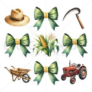 Lazo de maíz verde (imágenes prediseñadas, PNG), lazo de acuarela con temática de granjero, cinta de coqueta de chica de granja, lazo de cosecha rústico, descarga digital