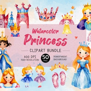 Watercolor Princess Clipart Bundle: 50 Fairy Tale PNGs (Digital Download)
