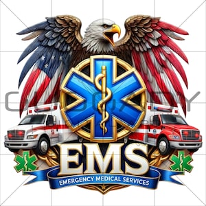 May include: A detailed graphic featuring an American bald eagle with wings styled as the US flag, centered on a blue Star of Life emblem. Two ambulances flank the emblem, with the text "EMS EMERGENCY MEDICAL SERVICES" below.