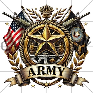 Op de afbeelding: Een gedetailleerd embleem met een gouden ster in het midden, omringd door een cirkelvormig ontwerp met een geweer. Het woord "ARMY" staat op een banner. Het ontwerp omvat de Amerikaanse vlag, een zwarte vlag, laurierbladeren en sterren.