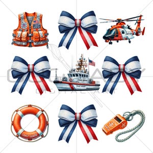 Küstenrettung Clipart PNG, Nautical Patriotic Bogen und Boot Bundle, Lebensretter Marine Digital Download