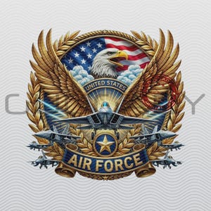 May include: A detailed emblem featuring an American flag, an eagle, and fighter jets. The words "United States" and "Air Force" are prominently displayed. The design incorporates gold, blue, and red elements.