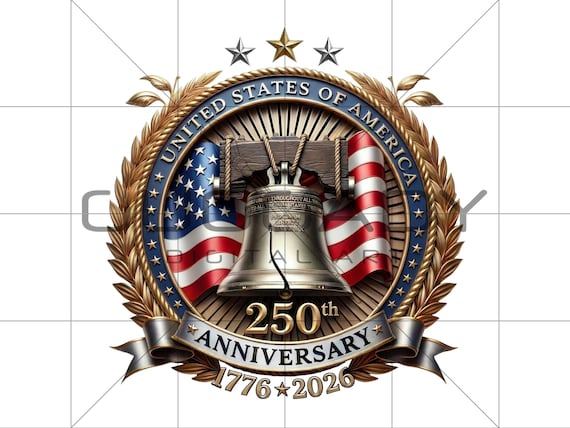 USA 250th Anniversary Liberty Bell PNG, Semiquincentennial 1776-2026 Emblem, 3D Metallic Freedom Bell