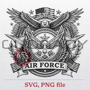 May include: Black and white illustration of an Air Force emblem. The design features an eagle with outstretched wings, an American flag, stars, and the words "AIR FORCE" on a banner. Two fighter jets flank the central emblem.
