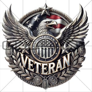 以下が含まれることがあります： 詳細な銀色のエンブレム。翼を広げたワシ、アメリカ国旗、テキスト「AMERICAN VETERAN」が特徴。星、月桂樹の葉、ドッグタグのデザインは、愛国心と記念の雰囲気を醸し出しています。