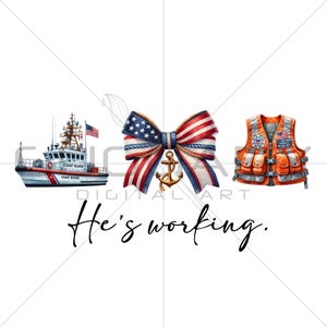 Er arbeitet - Wasserrettungsboot PNG, Vaterländische Schwimmweste Clipart, Anker Bogen PNG, Rot-Weiß-Blaues Militärhemd-Design