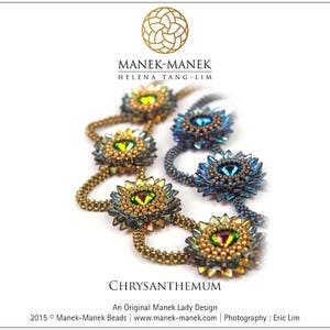 May include: A gold and blue beaded necklace with a floral design. The necklace is called "Chrysanthemum" and is an original Manek Lady design. The text "Manek-Manek Helena Tang-Lim" is at the top of the image. The text "2015 © Manek-Manek Beads | www.manek-manek.com | Photography: Eric Lim" is at the bottom of the image.