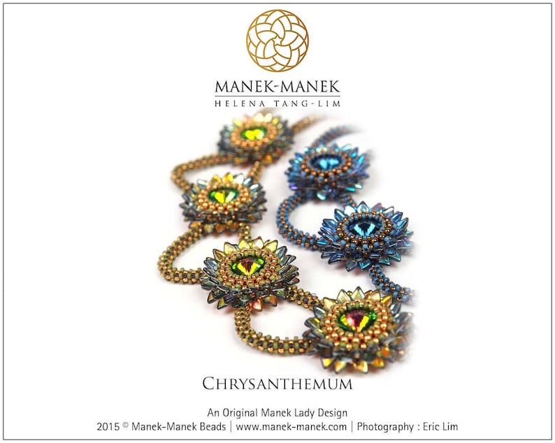 May include: A gold and blue beaded necklace with a floral design. The necklace is called "Chrysanthemum" and is an original Manek Lady design. The text "Manek-Manek Helena Tang-Lim" is at the top of the image. The text "2015 &copy; Manek-Manek Beads | www.manek-manek.com | Photography: Eric Lim" is at the bottom of the image.