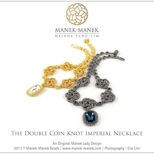 May include: Two necklaces, one gold and one dark gray, are displayed on a white background. The gold necklace has a clear, rectangular pendant. The dark gray necklace has a square, blue pendant. The text reads "THE DOUBLE COIN KNOT IMPERIAL NECKLACE".