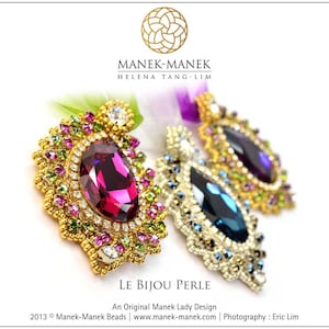 May include: Three ornate pendants with colorful crystal stones and gold and silver beading. The pendants are designed in a teardrop shape and feature a variety of colors, including pink, purple, blue, green, and gold. The text "LE BIJOU PERLE" is displayed below the pendants.