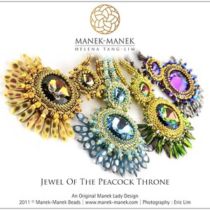 May include: Five beaded necklaces with large, colorful crystal centerpieces. The necklaces are made with gold, green, blue, and purple beads. The necklaces are arranged in a fan shape on a white background. The text "JEWEL OF THE PEACOCK THRONE" is below the necklaces.