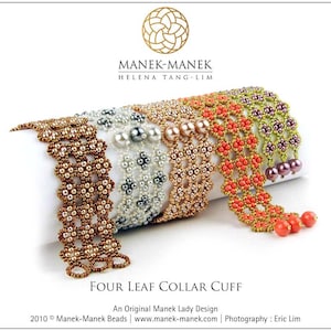 May include: Four beaded bracelets in different colours, including gold, silver, green, and orange, with a four-leaf clover design. The bracelets are arranged in a row, with the gold bracelet at the bottom and the orange bracelet at the top. The bracelets are made of small beads and have a delicate, intricate design. The text "Four Leaf Collar Cuff" is printed below the bracelets.