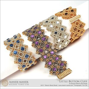 May include: Four beaded bracelets in gold, silver, and purple are displayed. The bracelets have a zig-zag pattern made of small, round beads. The design is called "Little Button Cuff" by Helena Tang-Lim.