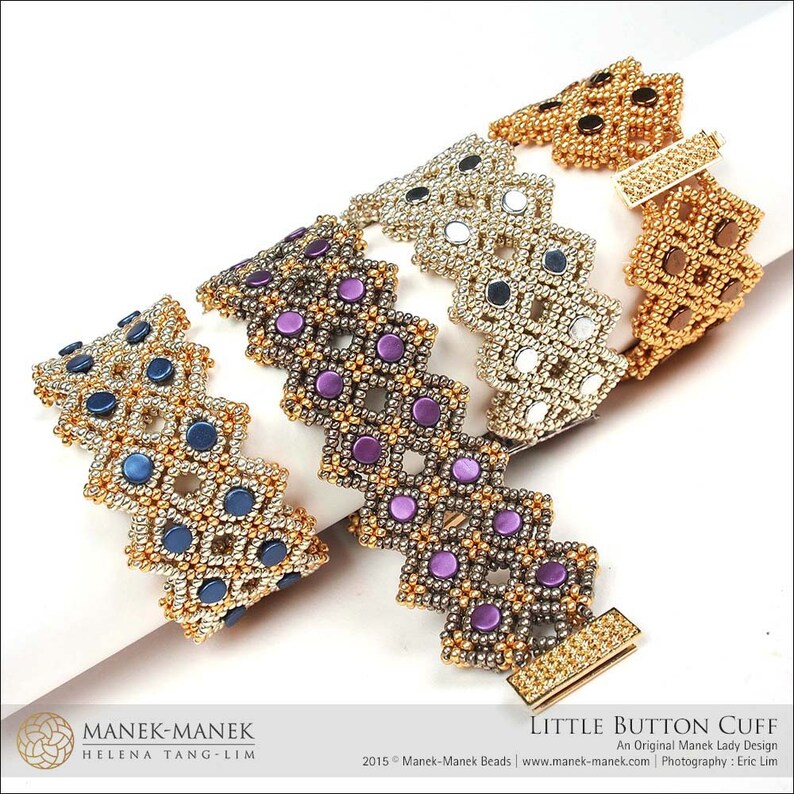 May include: Four beaded bracelets in gold, silver, and purple are displayed. The bracelets have a zig-zag pattern made of small, round beads. The design is called "Little Button Cuff" by Helena Tang-Lim.