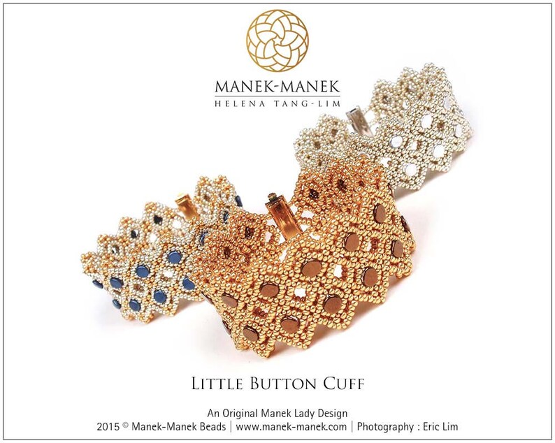 May include: Three beaded cuff bracelets in gold, silver, and gold with blue accents. The bracelets are labelled "Little Button Cuff" and are designed by Manek-Manek. The image includes the designer's logo and website.