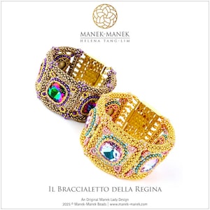 Könnte beinhalten: Zwei goldene Perlenarmbänder mit bunten Edelstein-Akzenten. Die Armbänder sind aus kleinen Perlen gefertigt und haben ein geometrisches Design. Der Text "IL BRACCIALETTO DELLA REGINA" ist unter den Armbändern zu sehen.
