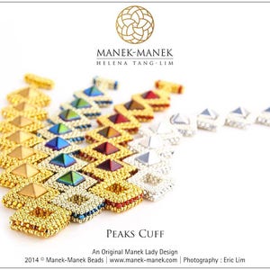 May include: A multi-coloured beaded cuff bracelet with a geometric design. The bracelet is made with gold, silver, red, green, and blue beads. The bracelet is called "Peaks Cuff" and is an original Manek Lady design.