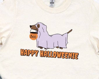 Happy Halloweenie Graphic Tee, Ghost Weenie Dog, Dachshund Dog Shirt, Spooky Season Shirt Crewneck, Dog Love Gift, Fall T-Shirt