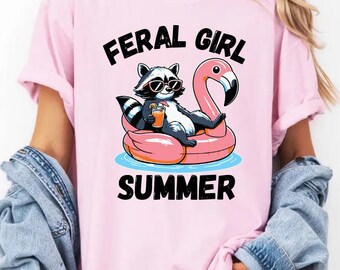 Comfort Colors® Sommartröja med vildflickor - T-shirt med tvättbjörnsflamingomotiv - Rolig sommart-shirt - Stor t-shirt - Trendig skjorta med tvättbjörnsgrafik