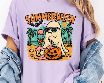 Sommartröja med bekväma färger, söt retro Halloween-tröja, grafisk t-shirt med läskiga säsonger, t-shirt med höstspöken och pumpa, sommar-Halloween-tröja