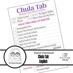 Peut inclure: Téléchargement numérique "Chula Tab English" avec une conception de liste de contrôle. Le texte comprend des phrases telles que "Beauty That Starts Within" et "Unstoppable Glow". L'image présente également un logo circulaire et des détails du produit.