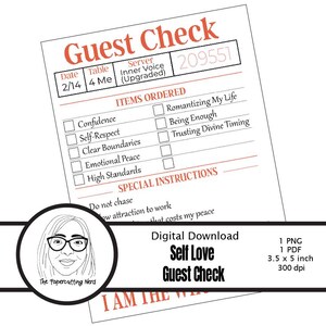 Peut inclure: Téléchargement numérique d'un "Guest Check" avec des cases à cocher pour l'estime de soi, telles que "Confiance" et "Respect de soi". Le texte "Self Love Guest Check" est affiché, ainsi que le logo du vendeur et les détails du produit.
