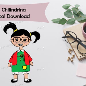 May include: A digital download of a cartoon illustration of La Chilindrina, a character from the Mexican television show "El Chavo del Ocho". The illustration is in a colorful cartoon style and features La Chilindrina with her signature red jacket, green dress, and pigtails.