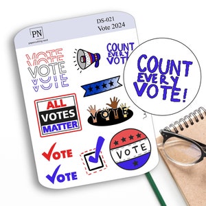 May include: A sheet of stickers with a variety of designs related to voting. The stickers feature the words "Vote", "Count Every Vote", and "All Votes Matter". The stickers are in red, white, and blue.