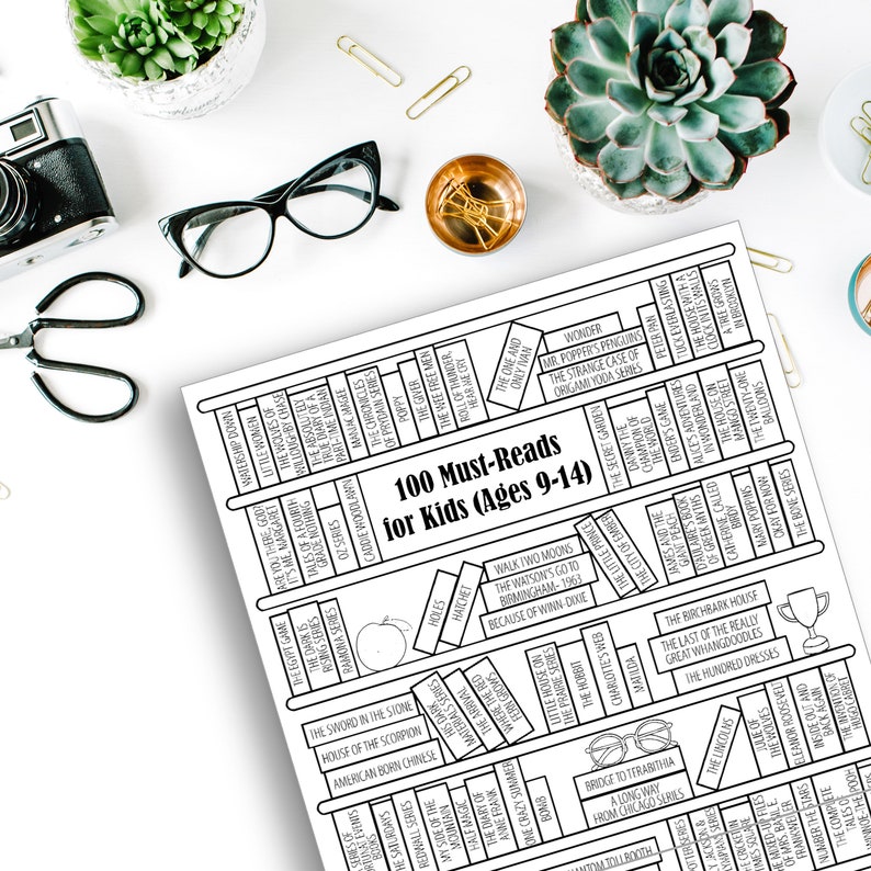 May include: A black and white printable chart with a bookshelf design listing 100 must-reads for kids ages 9-14. The chart includes book titles such as "The Sword in the Stone", "The Hobbit", "Roll of Thunder, Hear My Cry", and "Wonder".