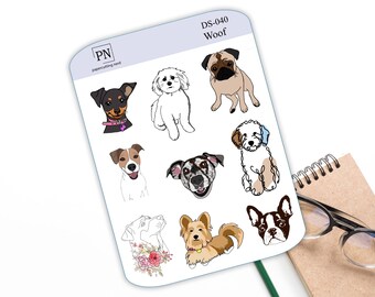 May include: A sticker sheet with cartoon dog illustrations, including a pug, terrier, and poodle. The sheet is labelled "Woof". A notebook and glasses are in the background. The illustrations are in a simple, line-art style.