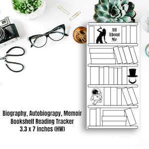 Rastreador de biografía, autobiografía y memorias / Rastreador de lectura de estantería en blanco / Semanas Hobonichi/PP / Rastreadores de lectura digitales / 3,3 x 7 pulgadas