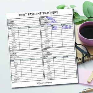 Puede incluir: Un rastreador de pago de deudas impreso en blanco con el título "DEBT PAYMENT TRACKERS". El rastreador incluye campos para el acreedor, el número de cuenta, la tasa de interés, el saldo inicial y la fecha de vencimiento. Una taza de café y gafas están en el fondo.