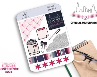Könnte beinhalten: Ein Bogen mit Aufklebern mit verschiedenen Designs zum Thema Chicago Planner Conference 2024. Die Aufkleber zeigen eine Skyline, ein Herz, ein Buch, einen Stift, eine Notiz, eine Schleife, einen Briefumschlag, ein gestreiftes Muster und ein Sternmuster. Der Text "DS-017 CPC 2024" und "CHICAGO PLANNER CONFERENCE Authentically Me" ist ebenfalls enthalten.