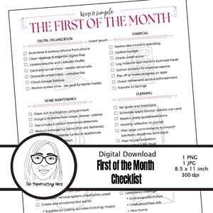 May include: A digital download checklist titled "First of the Month" with sections for digital organization, financial planning, home maintenance, and general planning. The checklist includes tasks like backing up photos, updating budgets, and setting goals. The image also includes a logo for "The Papercutting Nerd."
