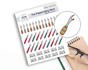 May include: A sheet of colorful stickers featuring a variety of colorful craft tools, including a small, red, yellow, and blue tool with a curved handle. The stickers are arranged in rows and columns, with the text "Date with Jack" and "The Papercutting Nerd" at the top.