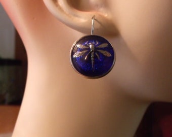 blue silver dragonfly Czech glass lever back earrings