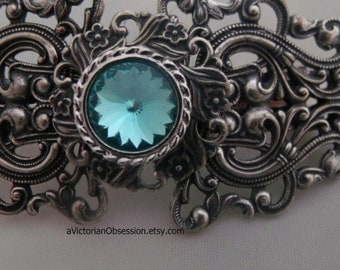 Vintage Victorian style Handcrafted filigree Barrette hair clip aqua blue rivoli crystal