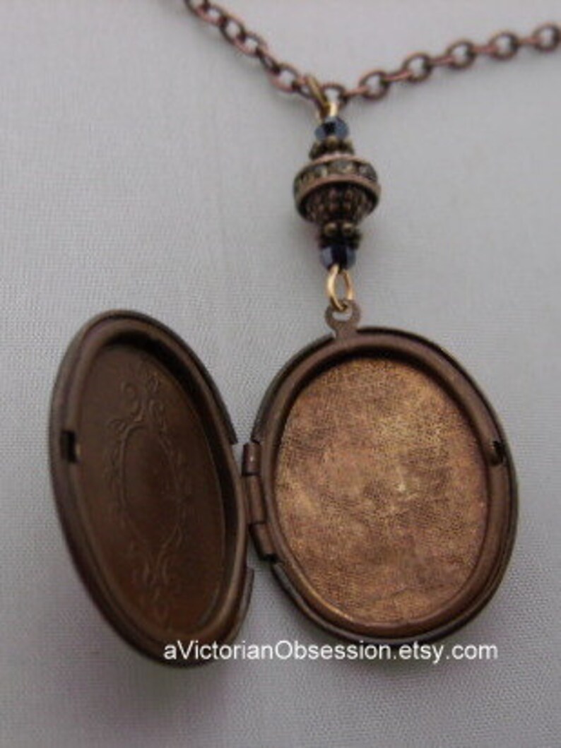 Brass Locket Necklace Oval Etched Pendant Lavender Rhinestone Etsy