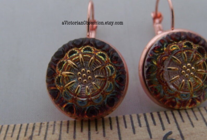 Czech Glass Lever back earrings rose gold Volcano button