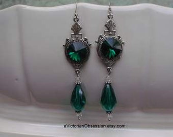 Wedding Victorian Chandelier Crystal emerald green drop silver earrings