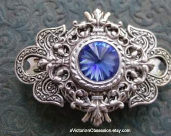 Hair barrette Vintage Victorian saphire blue crystal and silver hair barrette