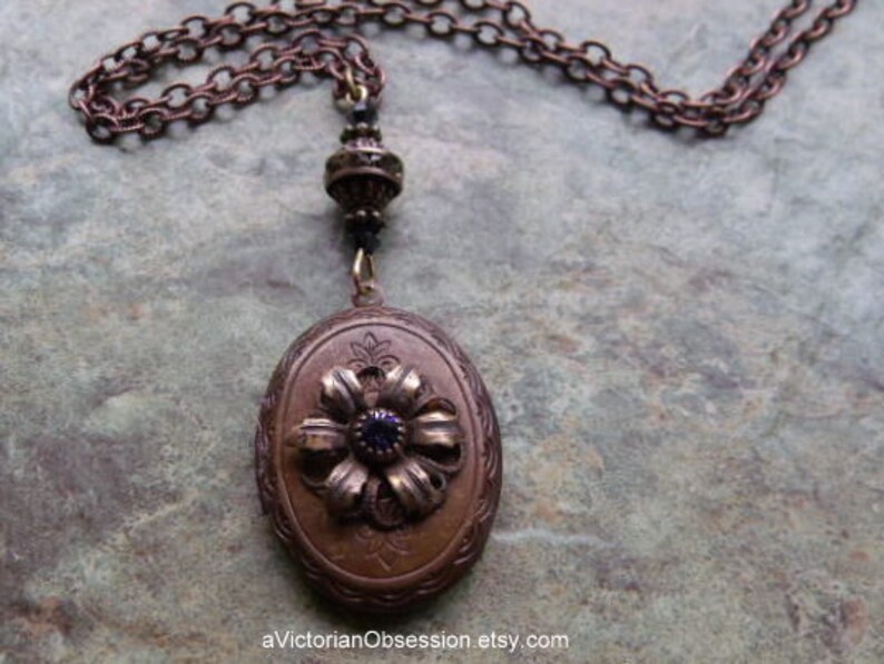Brass Locket Necklace Oval Etched Pendant Lavender Rhinestone Etsy