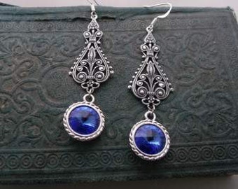 Sapphire Blue and Silver  Sparkly Wedding Dangle Victorian Rivoli Crystal Chandeleir earrings