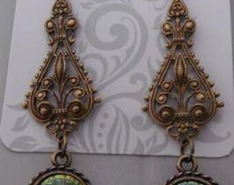 Vintage Victorian Antique gold Chandelier Crystal Iridescent Vitrail Swarovski crystal green earrings