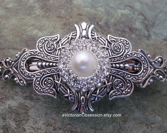 Vintage Victorian style Handcrafted Wedding hair Barrette hair clip pearl rhinestone button center silver