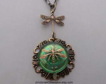 Dragon fly Necklace antique gold Iridescent green dragon fly necklace Pendant